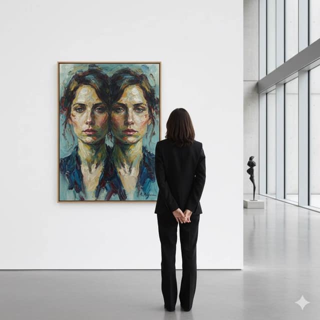 艺术画廊女性凝视肖像 AI 提示词效果图