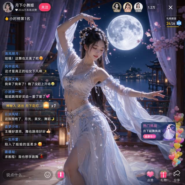 月下美女直播画面 AI 提示词效果图