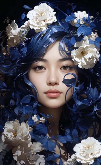 游戏素材 - 空灵女子花卉发饰肖像 AI 提示词效果图