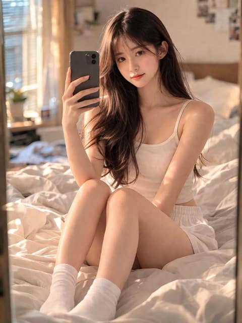 温馨卧室里的少女自拍 AI 提示词效果图