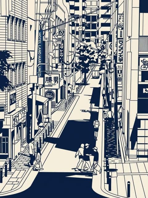 社交媒体帖子 - 日本城市街景插画提示词 AI 提示词效果图