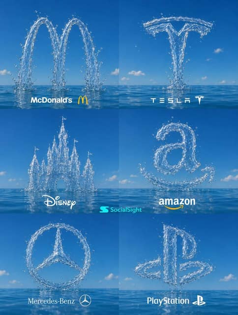水雕品牌 Logo 六宫格 AI 提示词效果图