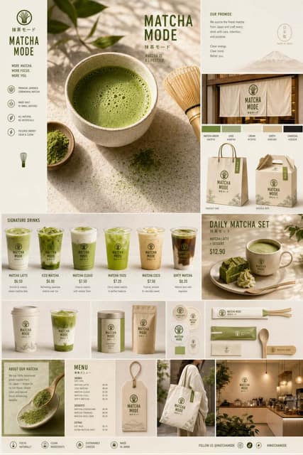 抹茶品牌触点系统视觉板 AI 提示词效果图