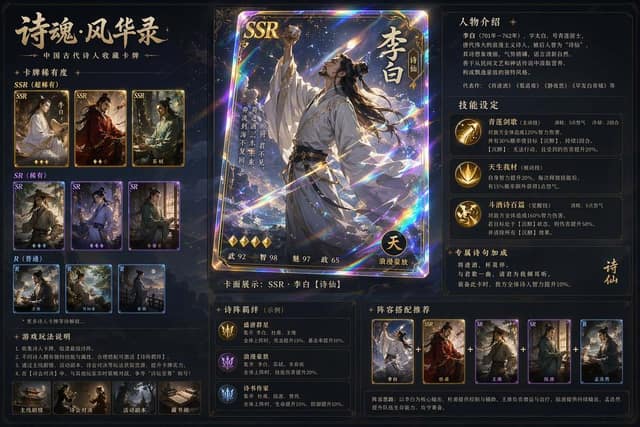 古风诗人镭射典藏卡牌 AI 提示词效果图
