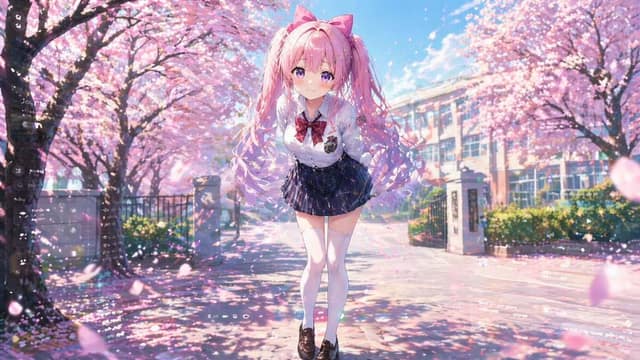 樱花树下害羞双马尾少女 AI 提示词效果图