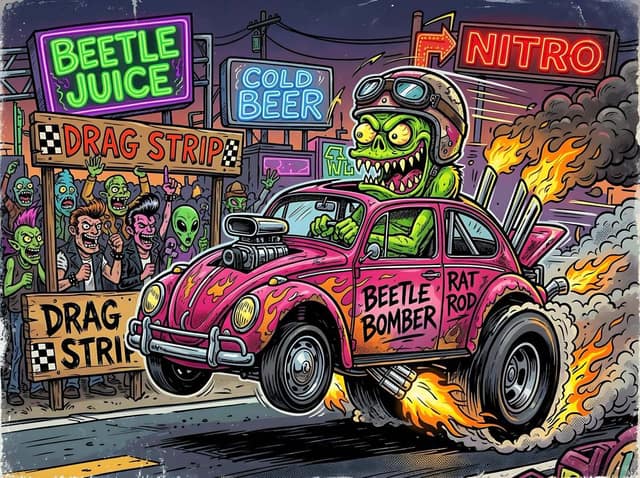 漫画 / 故事板 - 卡通怪物 Rat Rod 直线竞速赛 AI 提示词效果图