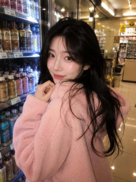 韩国便利店粉色 Hoodie 人像 AI 提示词效果图