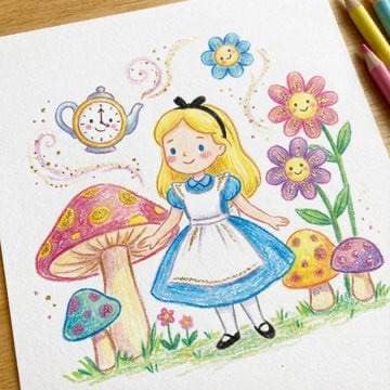 儿童图书插画风格蜡笔画 AI 提示词效果图
