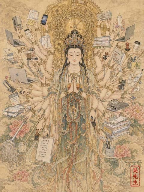 千手观音化身打工人 AI 提示词效果图