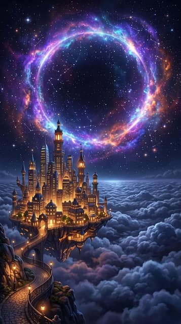 YouTube 缩略图 - 未来感浮空城市星云插画 AI 提示词效果图