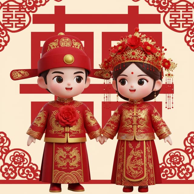 3D Q版中式婚礼图 AI 提示词效果图
