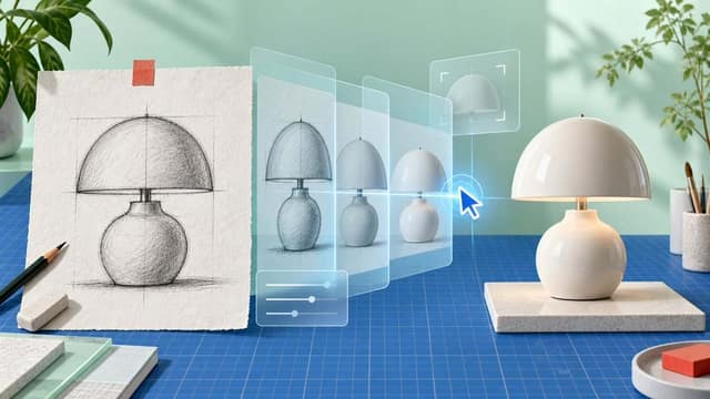 信息图 / 教育视觉图 - AI 产品草图转台灯渲染图 AI 提示词效果图