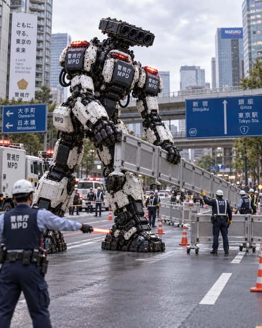 社交媒体帖子 - 巨型东京警用机器人封锁街道 AI 提示词效果图