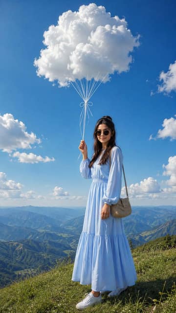 云朵气球山脊旅行人像 AI 提示词效果图