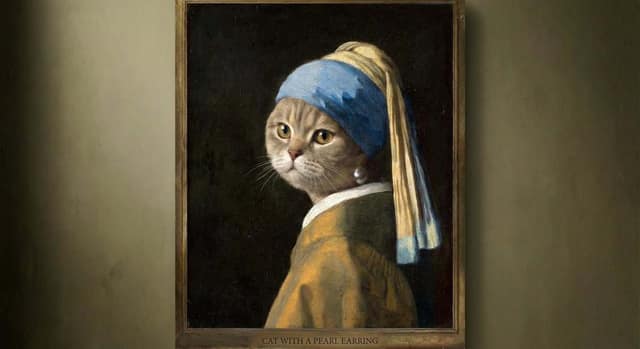 戴珍珠耳环的猫猫 AI 提示词效果图