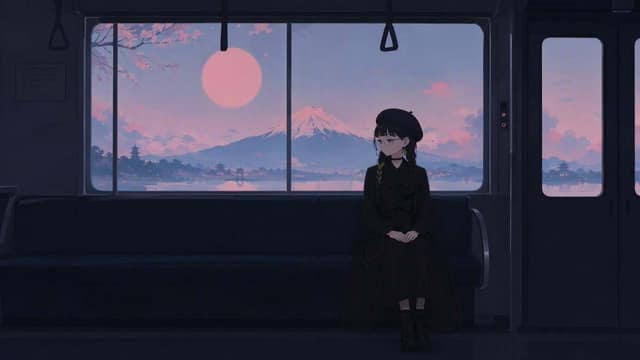 漫画 / 故事板 - 黄昏时分的动漫列车与富士山 AI 提示词效果图