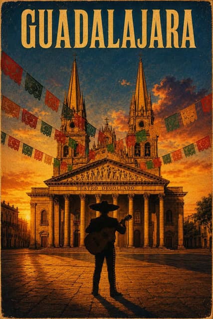 Guadalajara 复古电影旅行海报 AI 提示词效果图