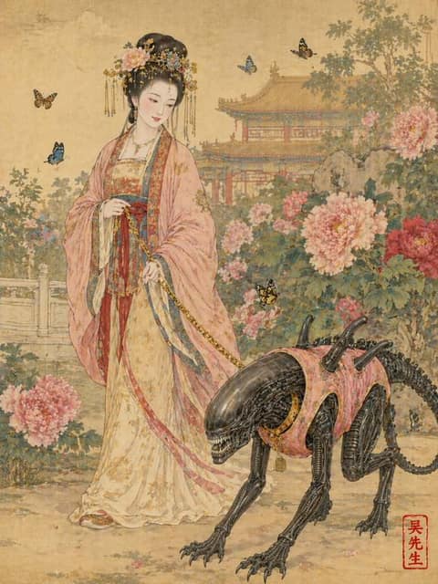 唐朝贵妇遛粉色马甲异形工笔画 AI 提示词效果图