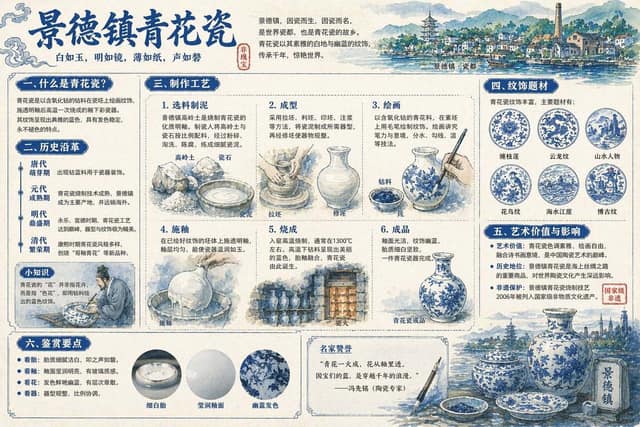 景德镇青花瓷全景解说图谱 AI 提示词效果图