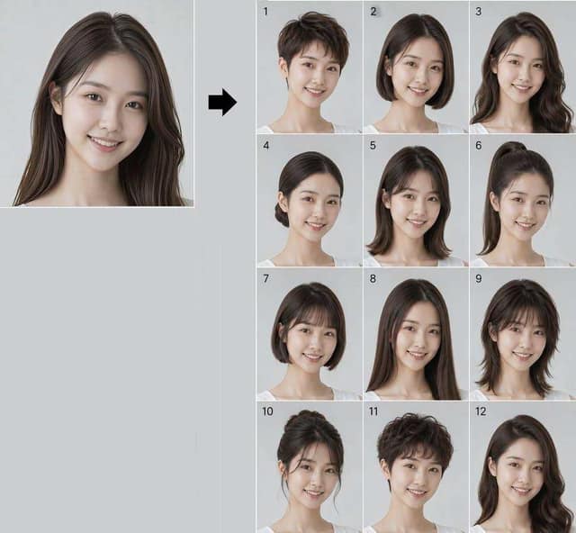 同一人脸十二款发型 Lookbook AI 提示词效果图