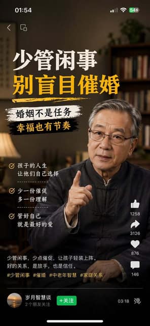 拒绝盲目催婚的暖心视频号截图 AI 提示词效果图