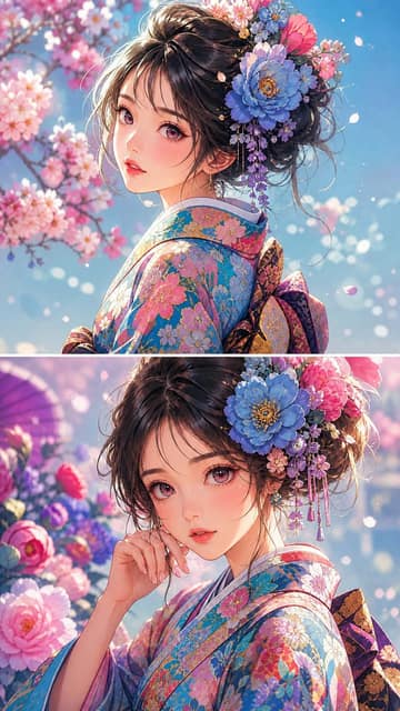 花簪和服动漫肖像 AI 提示词效果图