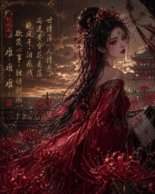 彼岸花丛中的红妆女子 AI 提示词效果图