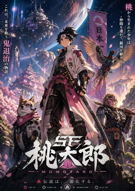 赛博科幻桃太郎主视觉图 AI 提示词效果图