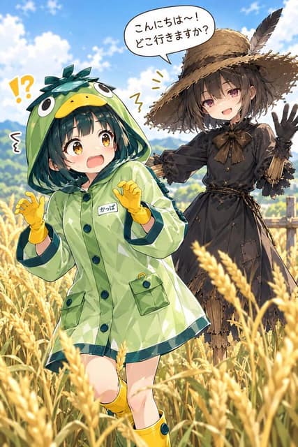 漫画 / 故事板 - 河童女孩与稻草人女巫 AI 提示词效果图