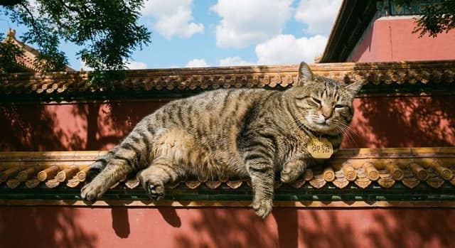真实摄影风格，一只肥胖的狸花猫 AI 提示词效果图