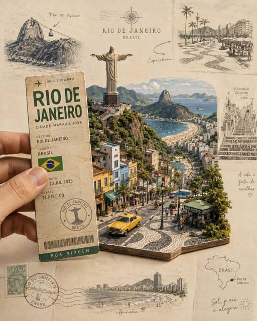 Rio 旅行票据纸雕立体海报 AI 提示词效果图
