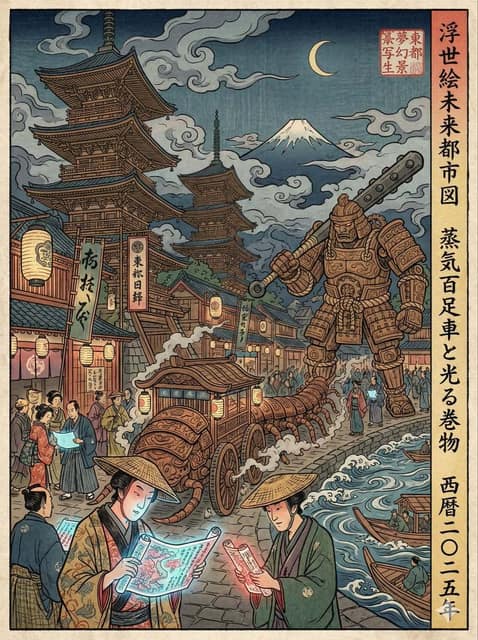 江户时代浮世绘风格的现代场景再现 AI 提示词效果图