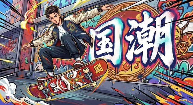 潮流插画风格，一个穿着国潮服饰的少年 AI 提示词效果图
