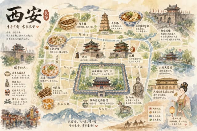 西安手绘水彩城市地图 AI 提示词效果图