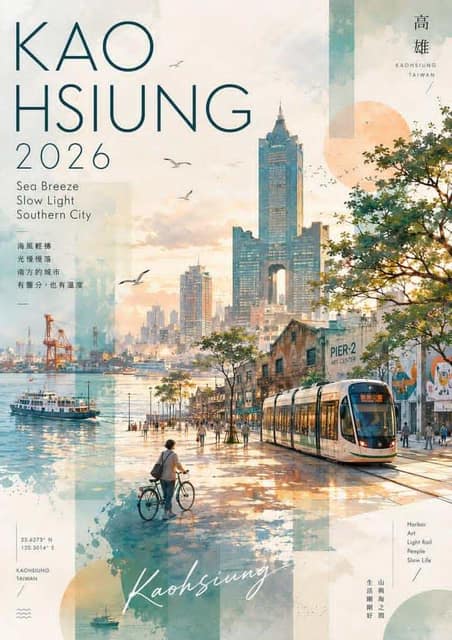 高雄水彩拼贴旅行海报 AI 提示词效果图