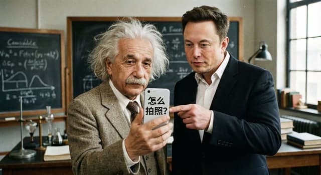 马斯克教爱因斯坦拍照 AI 提示词效果图