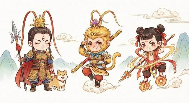 中国神话角色Q版组合插画 AI 提示词效果图