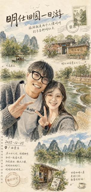 旅游照水墨明信片 AI 提示词效果图