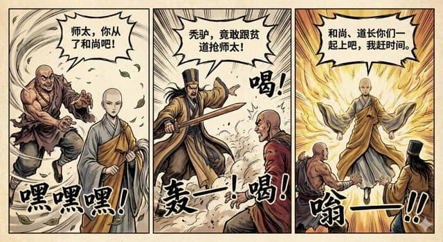 和尚道长师太三格漫画 AI 提示词效果图