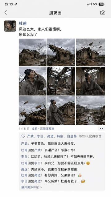 杜甫朋友圈吐槽茅屋被掀翻 AI 提示词效果图