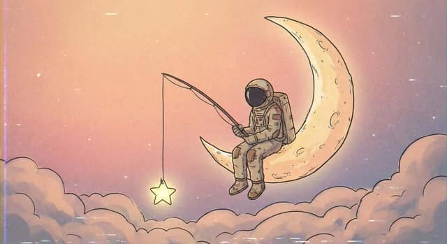 治愈系，宇航员坐在弯弯的月亮边钓星星 AI 提示词效果图
