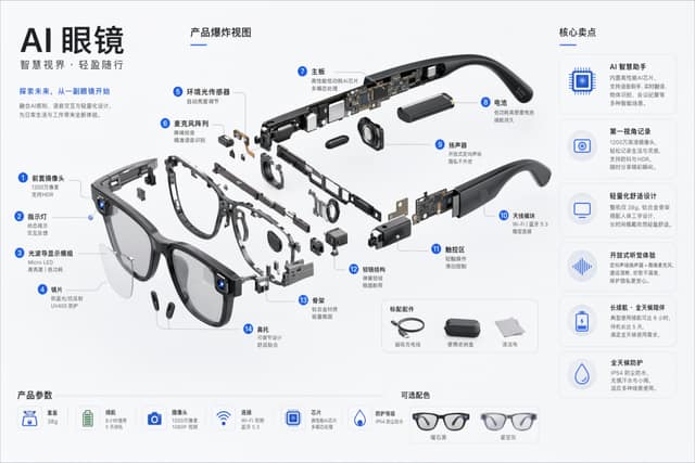 AI 眼镜爆炸拆解图 AI 提示词效果图