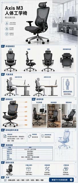 信息图 / 教育视觉图 - 人体工学办公椅电商移动端详情页 AI 提示词效果图