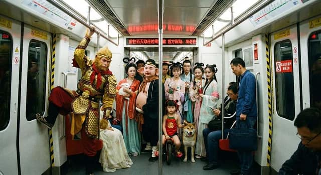 拥挤的北京地铁车厢，但乘客全是神话人物 AI 提示词效果图