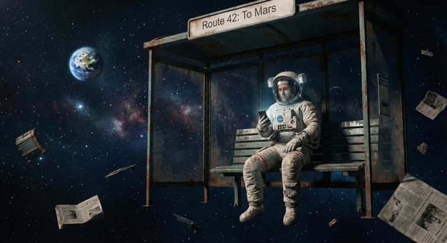 孤独的宇航员坐在普通城市公交站,等去火星的42路车 AI 提示词效果图