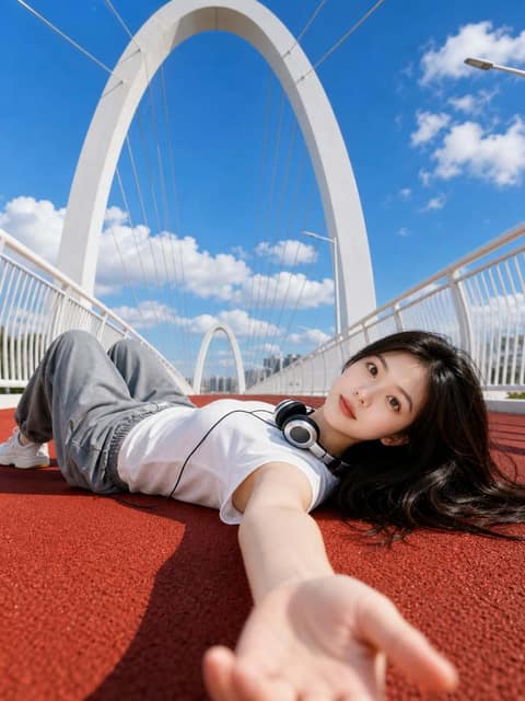 红跑道低角度夏日人像 AI 提示词效果图