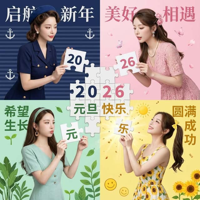 元旦特辑：2026 祝福四格拼图 AI 提示词效果图