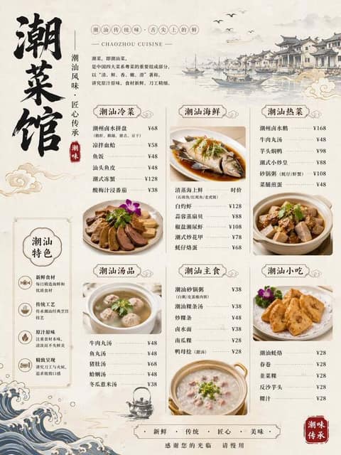 精美潮汕菜馆菜单图 AI 提示词效果图